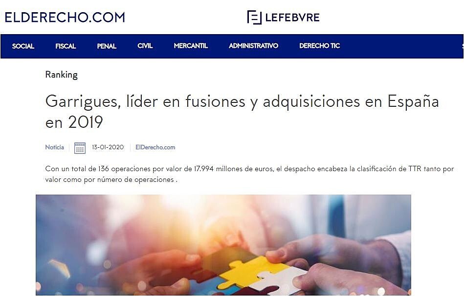 Garrigues, lder en fusiones y adquisiciones en Espaa en 2019